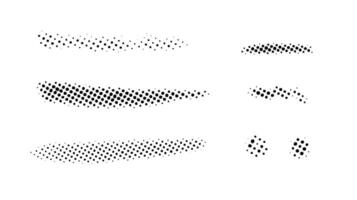 Grunge halftone strokes and stops set. Black comic pop art stripes and lines collection. Halftone textured spot, blot and stain shapes. Monochrome dotted design elements vector