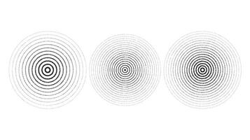 Texture concentric ripple circles set. Sonar or sound wave rings collection. Epicentre, target, radar icon concept. Radial signal or vibration elements vector