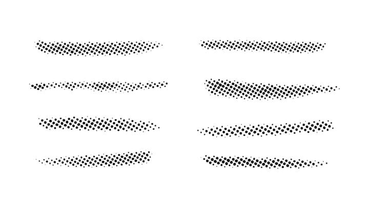 Grunge halftone strokes set. Black comic pop art stripes collection. Halftone textured spot, blot and stain shapes. Monochrome dotted design element