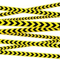 Crossed caution tape set. Yellow and black warning stripes. Repeated construction, hazard, danger sellotapes. Restriction and prohibition zones adhesive tapes line. vector