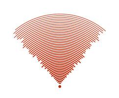 Red sound wave signal. Radio or music audio concept. Epicentre or radar icon. Radial signal or vibration elements. Impulse curve lines. Concentric ripple semi circle. vector