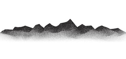 Grain stippled mountains. Dotted landscape and terrain. Black and white grainy hills in dotwork style. Noise stochastic background. Pointillism textured wallpaper. Grunge vector