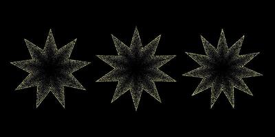 Dotted grain stars set. Shiny stippled shapes collection. Various noise textured asterisks. Different dot work forms vector