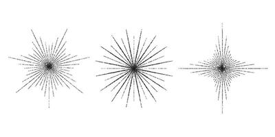 Dotted grain star with beams set. Black stippled ray sparkle and flare collection. Various noise textured asterisks. Different halftone dot work stellar forms and burst explosion. sparks. vector