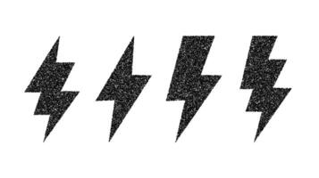 Grunge lightning bolt set. Black noise texture thunderbolt collection. Stipple flash symbols. Dotted grain lightning strike signs vector