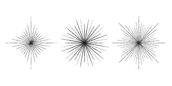 Dotted grain star with beams set. Black stippled ray sparkles and flares collection. Various noise textured asterisks. Different halftone dot work stellar forms and burst explosion vector