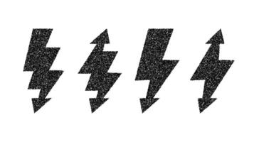 Grunge lightning bolt set. Black noise texture thunderbolt collection. Stipple flash symbols. Dotted grain lightning strikes vector