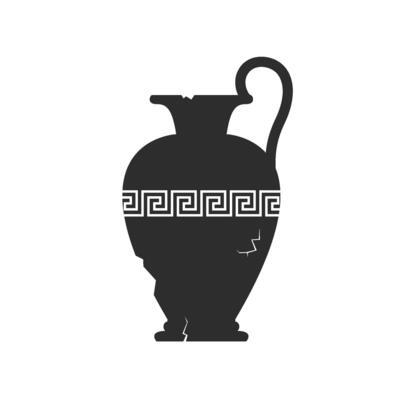 Broken amphorae silhouette. Cracked ancient greek vase with meander pattern. Antique ceramic jar vessel. Old clay pottery.