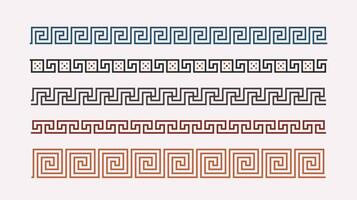 Greek key ornaments collection. Colored meander pattern set. Repeating geometric meandros motif. Greek fret design. Ancient decorative borders vector
