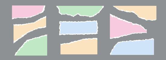 Colorful torn paper pieces set. Ripped paper sheet strips collection. Elements and shapes with jagged uneven edges for sticker, collage, text box, banner, poster. Cardboard texture fragments vector