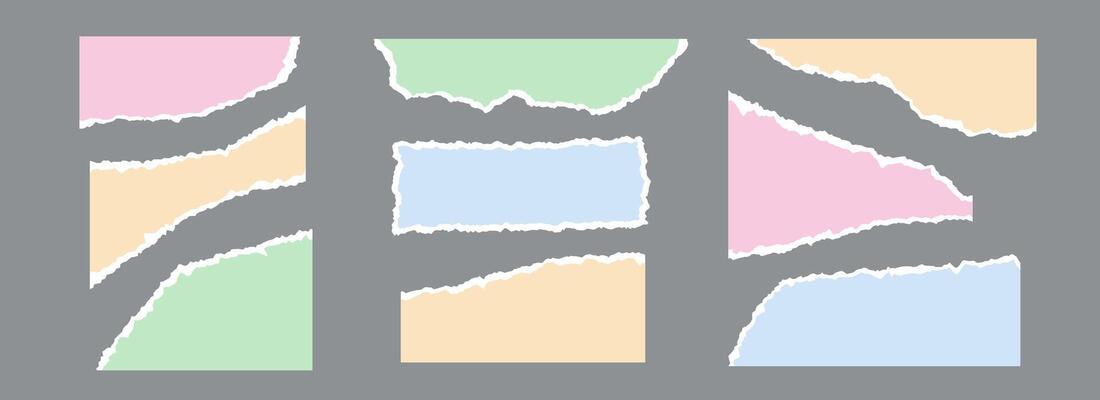 Colorful torn paper pieces set. Ripped paper sheet strips collection. Elements and shapes with jagged uneven edges for sticker, collage, text box, banner, poster. Cardboard texture fragments