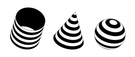 Set of 3d shapes with striped. Black and white cone, cylinder and sphere design elements for templates, posters, flyers, banners. Geometric forms collection vector