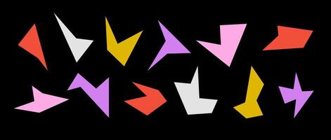 Simple colorful sharp irregular shapes set. Abstract geometric acute elements collection. Asymmetry angular forms for banners, collages, posters, stickers. Design bundle on dark background. vector