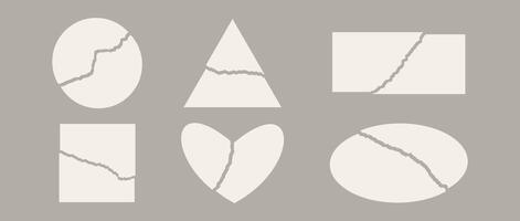 Torn in parts paper element set. Circle, triangle, rectangle, square, heart, oval disrupted paper parts. Ripped shape pack for poster, banner, collage, note, text box, sticker. vector