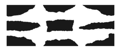 Torn paper corner pieces. Black cutout shapes with jagged edges and corners. Ripped material fragments collection. Textured grunge element bundle for collage, text box, banner, sticker. vector