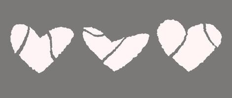 Torn in parts paper hearts. Collection of disrupted heart-shaped elements with jagged edges. Ripped paper shapes pack for poster, banner, collage, note, text box, sticker. Illustration bundle vector