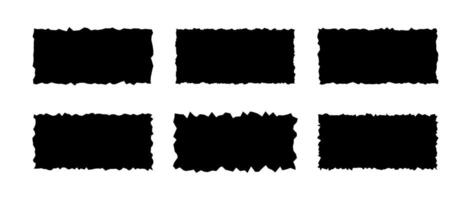 Torn paper pieces set. Black rectangle frames with jagged edges. Ripped rectangular shape silhouettes collection. Textured grunge element bundle for collage, text box, banner, sticker. vector