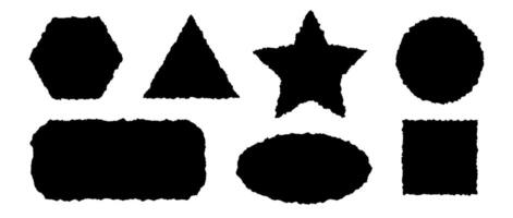 Torn paper pieces set. Black geometric forms with jagged edges. Ripped rectangle, star, triangle and round silhouettes collection. Grunge element bundle for collage, text box, banner, sticker. vector