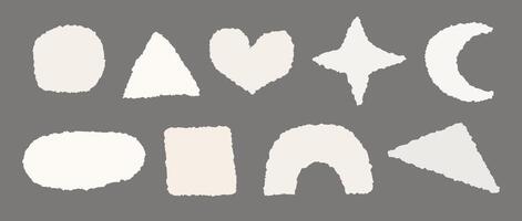 Torn paper set. Geometric shapes with jagged edges. Ripped square, round, triangle, star, heart, arc pieces collection. Textured grunge bundle for collage, text box, banner, sticker, poster vector