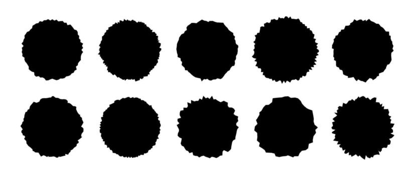 Torn paper pieces set. Black circle frames with jagged edges. Ripped round shape silhouettes collection. Textured grunge element bundle for collage, text box, banner, sticker. vector