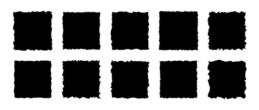 Torn paper pieces set. Black square frames with jagged edges. Ripped rectangle shape silhouettes collection. Textured grunge element bundle for collage, text box, banner, sticker. vector