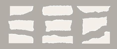 Torn paper pieces set. Light beige shapes with jagged uneven edges. Ripped different paper fragments collection. Textured grunge element bundle for collage, text box, banner, sticker, poster. vector