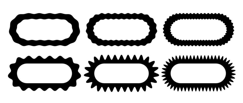 Zig zag edge oval frame collection. Jagged ellipse border elements set. Black graphic design elements for decoration, banner, poster, template, sticker, badge.