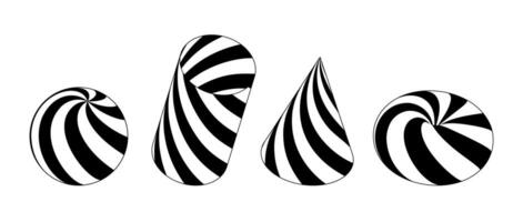 Set of 3d shapes with stripes. Black and white cone, cylinder, sphere and torus design elements for templates, posters, flyers, banners. Geometric pattern forms collection vector