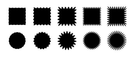 Zig zag edge square and circle shapes collection. Jagged patches set. Black graphic design elements for decoration, banner, poster, template, sticker, badge, collage. vector