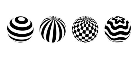 Collection of spheres with different patterns. Striped, checkered and waved 3d balls set. Black and white geometric elements for design templates, icons, logo. globes pack. vector