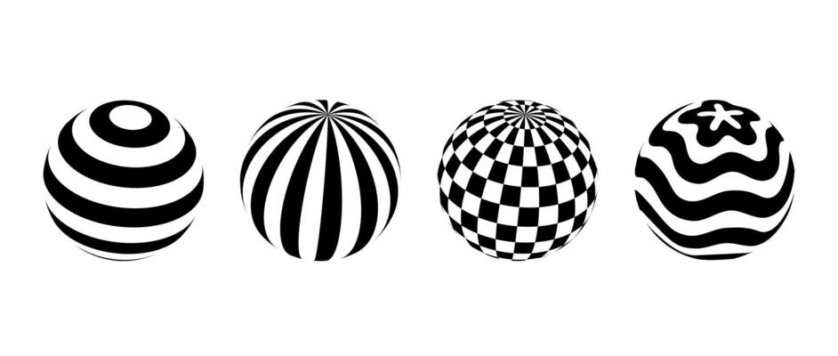 Collection of spheres with different patterns. Striped, checkered and waved 3d balls set. Black and white geometric elements for design templates, icons, logo. globes pack.