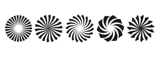 Simple curl sunburst circles collection. Black and white radial twisted elements pack. Round rays and beams set. Geometric stars pack. Illustration concept for banner, badge, sticker, poster. vector