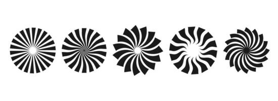 Simple curl sunburst circles collection. Black radial twisted elements pack. Set of round rays and beams. Geometric stars pack. Illustration concept for banner, badge, sticker, poster. vector