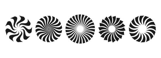 Curled sunburst circles collection. Stylized radial spinning elements. Black and white geometric round twisted rays, beams or stars pack. Illustration concept for banner, badge, sticker, poster vector