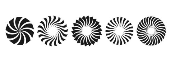 Black and white curl sunburst circles collection. Stylized radial twisted element pack. Round rays and beams set. Geometric stars pack. Illustration concept for banner, badge, sticker, poster. vector