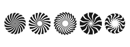 Black and white curl sunburst circles collection. Stylized radial spinning elements. Geometric round twisted rays, beams or stars pack. Illustration concept for banner, badge, sticker, poster vector