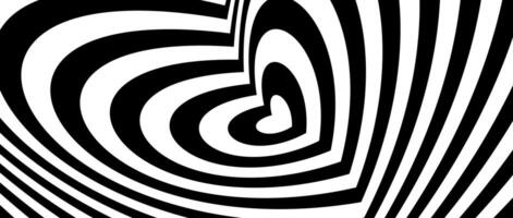 Abstract hypnotic tunnel heart background. Black and white optical illusion pattern. Heart-shaped op art design for poster, banner, template. Horizontal illustration wallpaper vector