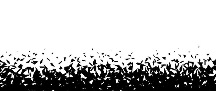 Debris and shatters in horizontal border. Black broken pieces, specks, speckles, particles, shivers. Abstract explosion and burst textured repeating background. vector