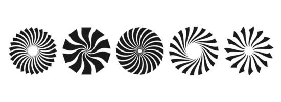 Black and white curled sunburst circles collection. Stylized radial spinning elements. Geometric round twisted rays, beams or stars pack. Illustration concept for banner, badge, sticker, poster vector