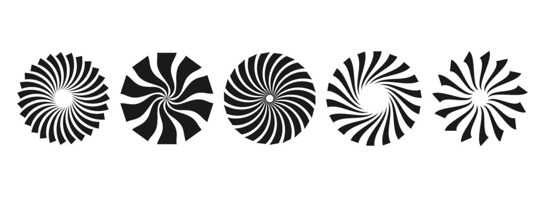 Black and white curled sunburst circles collection. Stylized radial spinning elements. Geometric round twisted rays, beams or stars pack. Illustration concept for banner, badge, sticker, poster