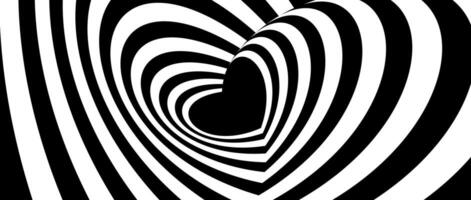 Hypnotic tunnel heart background. Black and white optical illusion pattern. Heart-shaped op art design for poster, banner, template. Abstract horizontal illustration wallpaper vector