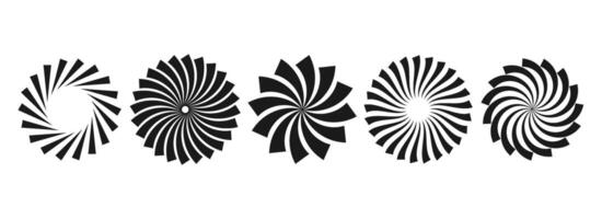 Stylized curl sunburst circles collection. Black and white radial twisted element pack. Round rays and beams set. Geometric stars pack. Illustration concept for banner, badge, sticker, poster. vector