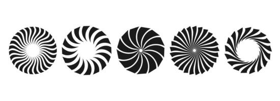 Curled sunburst circles collection. Stylized radial spinning elements. Black and white geometric round twisted rays, beams or stars pack. Concept for banner, badge, sticker, poster vector