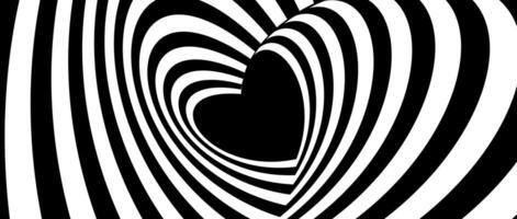 Hypnotic tunnel heart background. Black and white optical illusion pattern. Rotating Heart-shaped op art design for poster, banner, template. Abstract horizontal illustration wallpaper vector