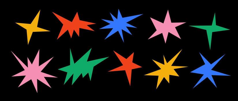 vistoso agudo formas recopilación. brillante irregular chispas y centelleos colocar. resumen nervioso destellos y estrellas elemento embalar. asimetría angular formas haz para bandera, collage, póster, pegatina. vector
