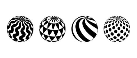 Collection of spheres with different patterns. Striped, dotted and waved 3d balls set. Black and white geometric elements for design templates, icons, logo. Abstract globes pack. vector