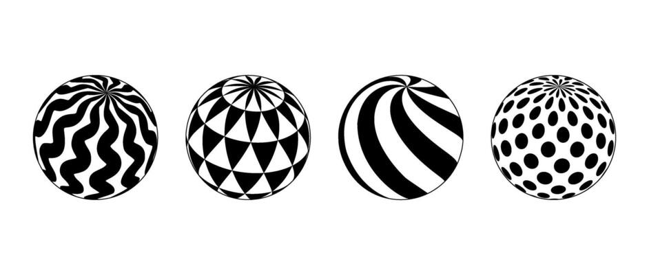 Collection of spheres with different patterns. Striped, dotted and waved 3d balls set. Black and white geometric elements for design templates, icons, logo. Abstract globes pack.