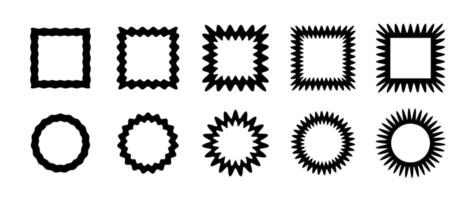 Zig zag edge square and circle frames collection. Jagged geometric border set. Black graphic design elements for decoration, banner, poster, template, sticker, badge, collage. vector