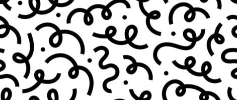 Abstract doodle lines seamless pattern. Black and white confetti and serpentine streamer repeating background. Cute childish scribble shapes and curved stripes wallpaper. vector