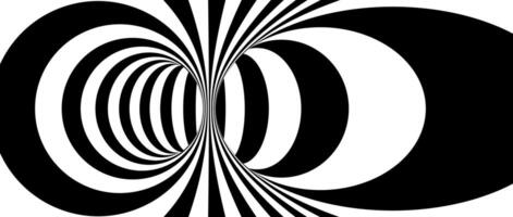 Abstract hypnotic distorted lines background. Black and white optical illusion tunnel wallpaper. Psychedelic twisted stripes pattern. Horizontal template for posters, banners, covers. Op art vector